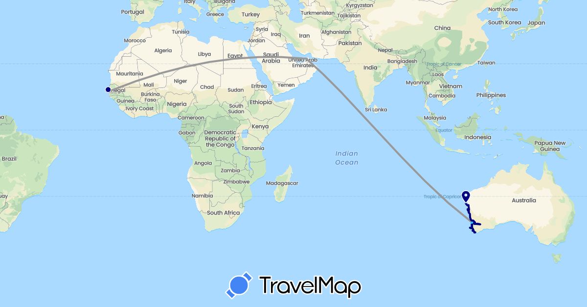TravelMap itinerary: driving, bus, plane, hiking, boat in United Arab Emirates, Australia, Senegal (Africa, Asia, Oceania)